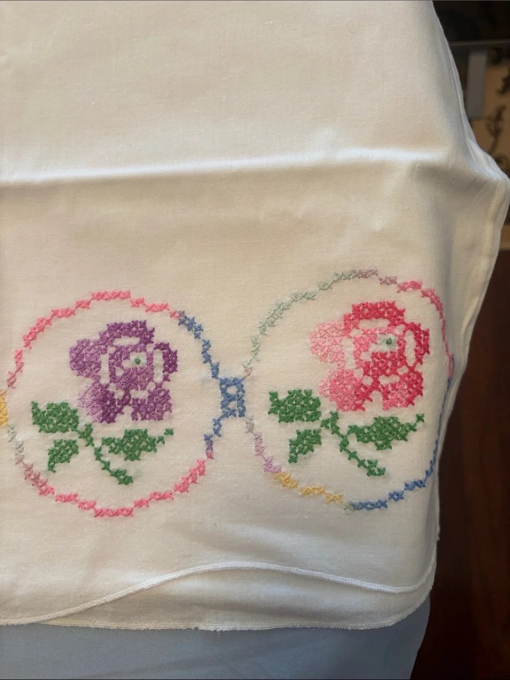 Embroidered Floral Pillowcase - Cream with Pink & Purple Flowers